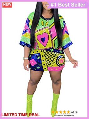 Sequin Mini T-Shirt Dress 3/4 Sleeve Scoop Neck Party Club